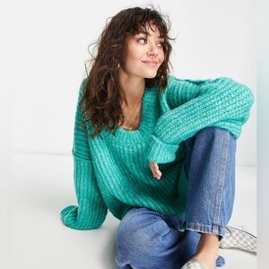 NWT Free People Womens Blue Bell V-Neck Sweater In Electric Teal